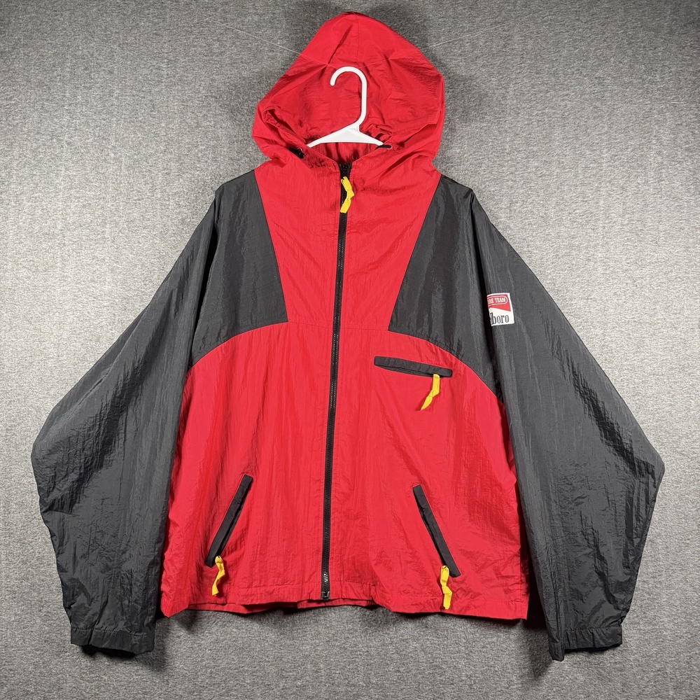Vintage Marlboro Adventure Team Jacket Mens Large Red Black Hooded Windbreaker